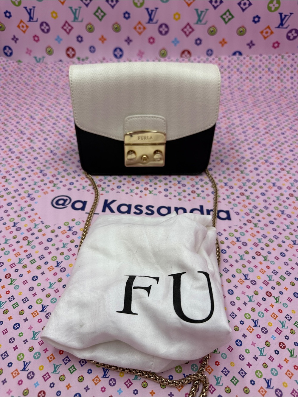Furla Black and White Leather Crossbody with Gold Hardware